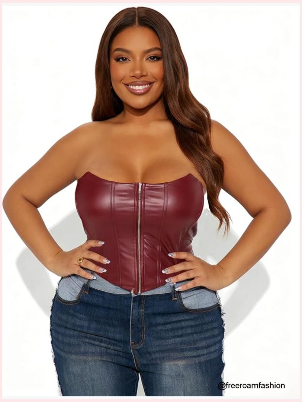 Faux Leather Strapless Corset Crop Top Zip Front Tube Bustier